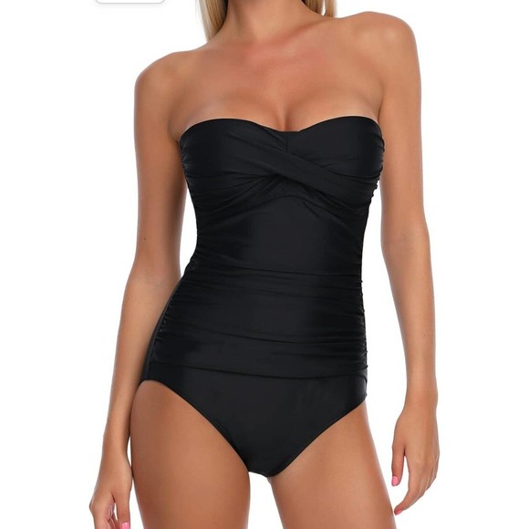 RELLECIGA Black One Piece High Cut Bandeau Adjustable Straps Swimsuit Size Large - Picture 3 of 11